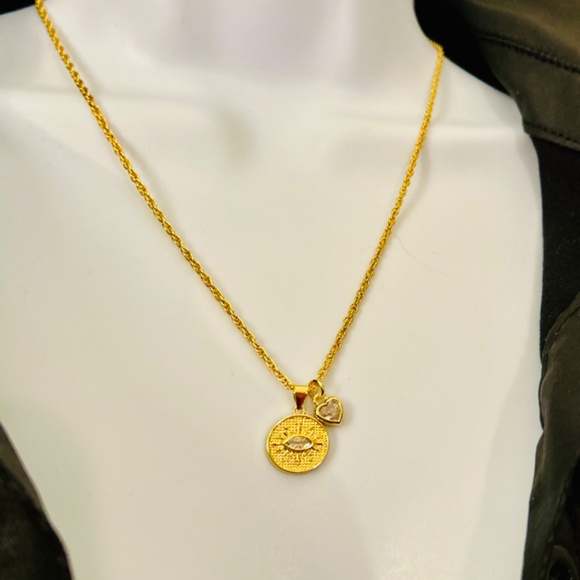 Dainty Gold plated necklace, rope chain, cz evil eye and heart charms - Picture 3 of 6
